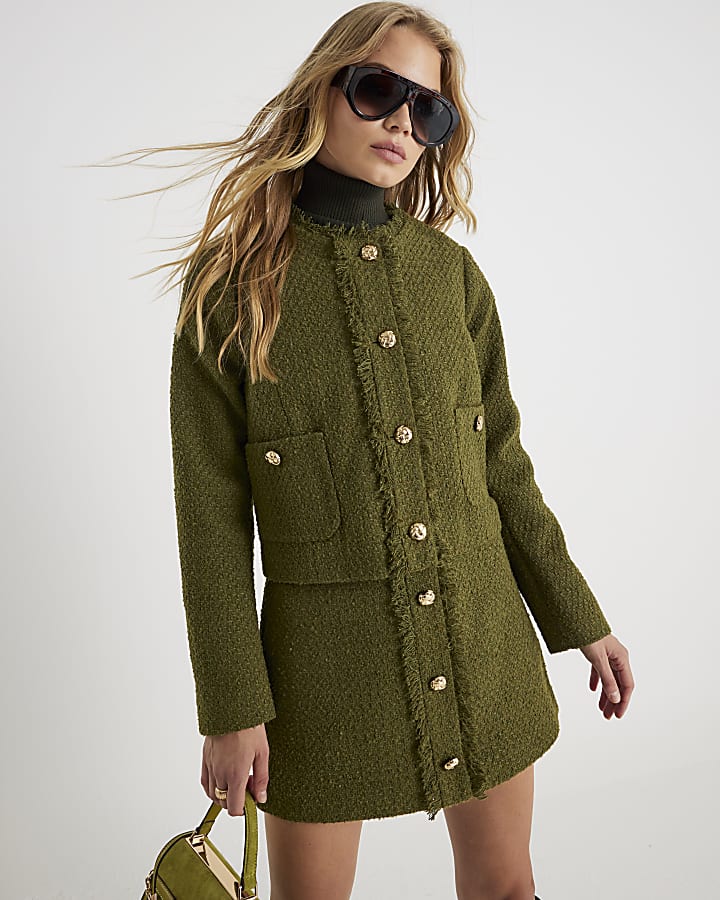 Green Boucle Button Front Mini Skirt | River Island