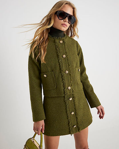 Green Boucle Button Front Mini Skirt | River Island