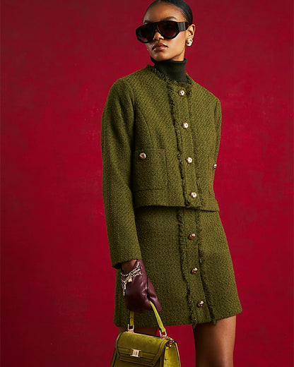 Green Boucle Button Front Mini Skirt | River Island