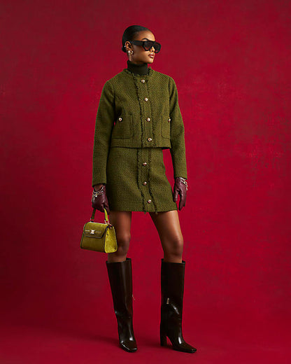 Green Boucle Button Front Mini Skirt | River Island