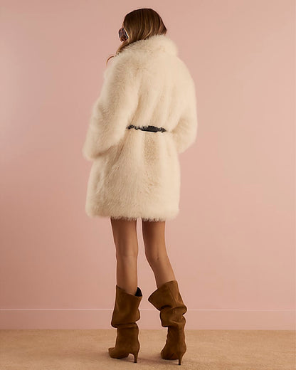Cream Faux Fur Belted Mid Length Coat