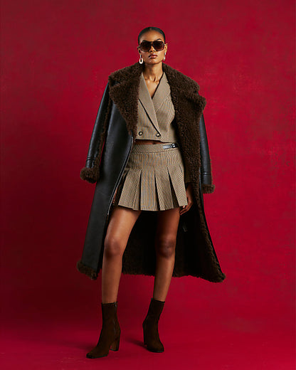 Brown Dogtooth Buckle Kilted Skort