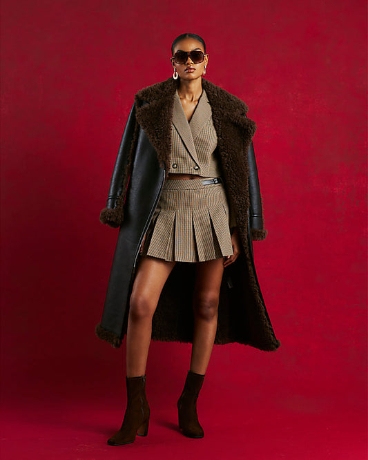 Brown Dogtooth Buckle Kilted Skort