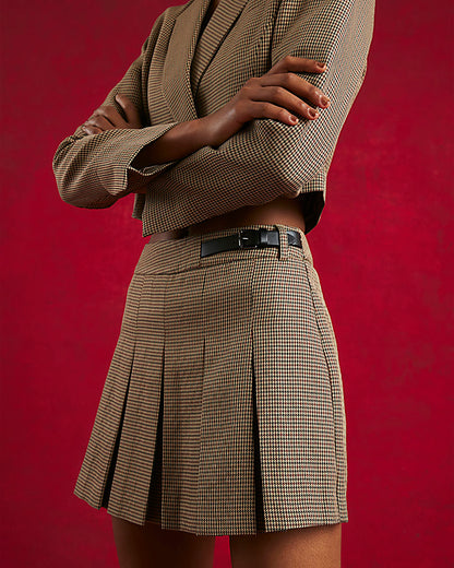 Brown Dogtooth Buckle Kilted Skort