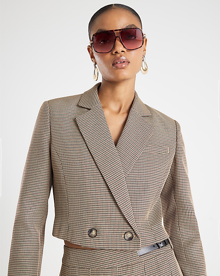 Brown Dogtooth Cropped Blazer