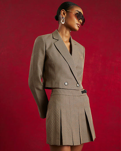 Brown Dogtooth Cropped Blazer