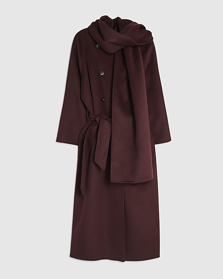 Red Handmade Wool Blend Scarf Coat