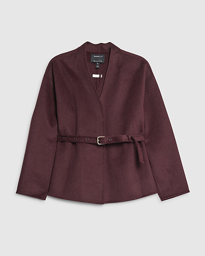 Red Handmade Wool Blend Short Belted Jacket