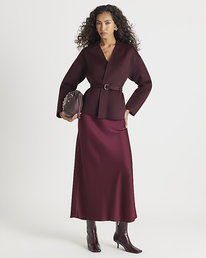 Red Handmade Wool Blend Short Belted Jacket