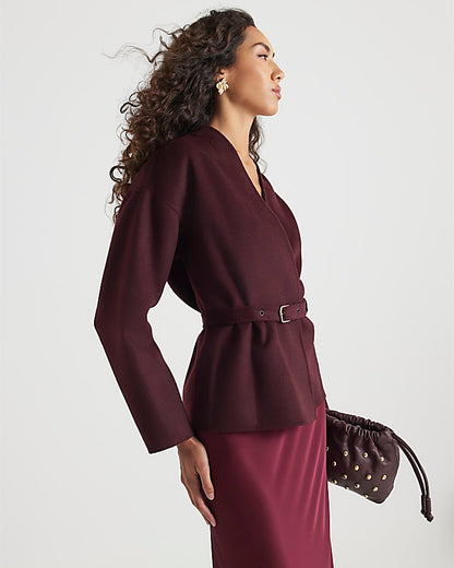 Red Handmade Wool Blend Short Belted Jacket