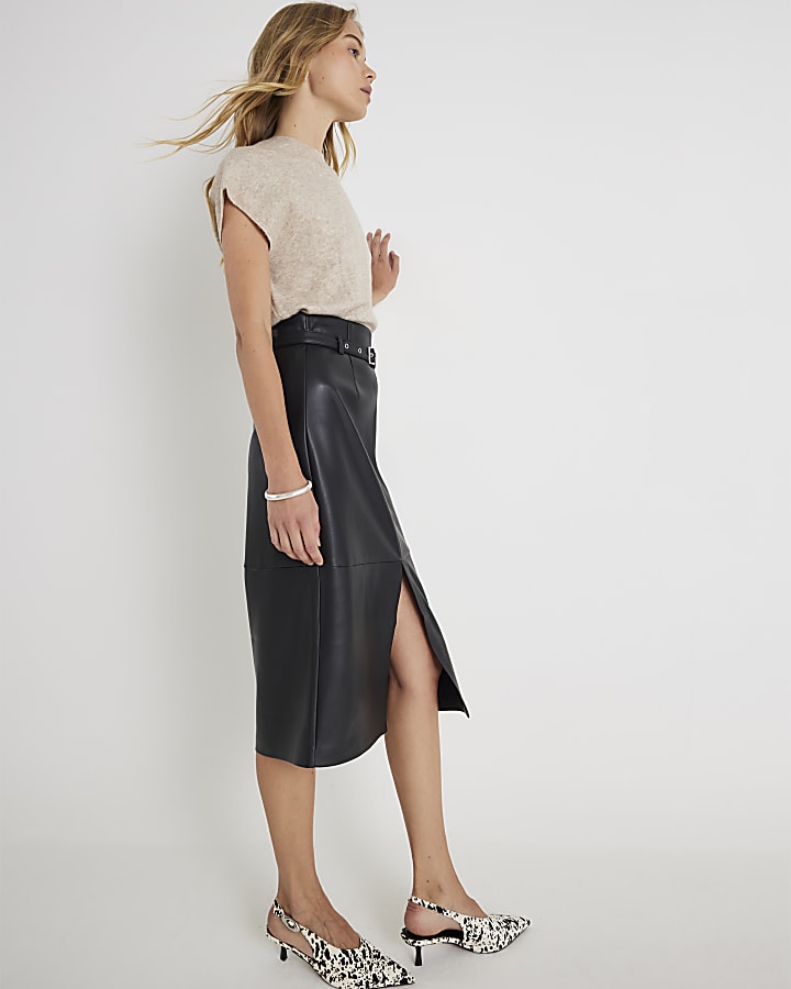 Faux Leather Belted Midi Skirt