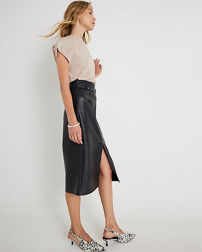 Faux Leather Belted Midi Skirt