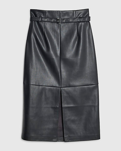 Faux Leather Belted Midi Skirt