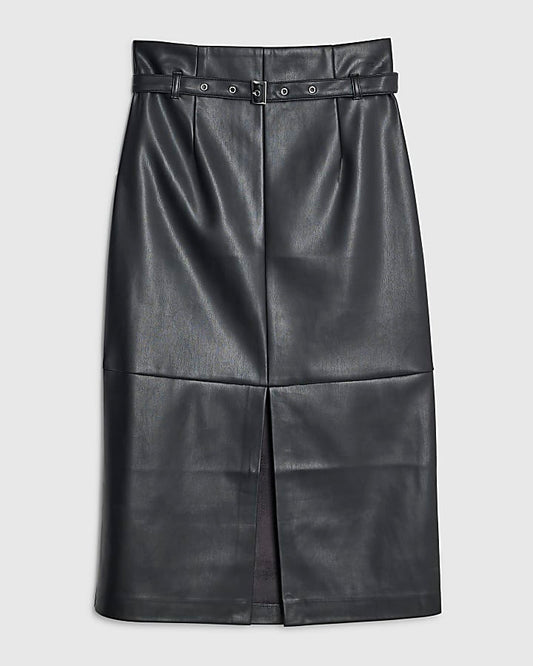 Faux Leather Belted Midi Skirt