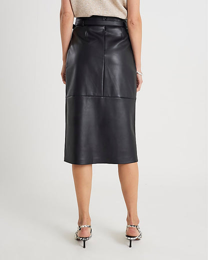 Faux Leather Belted Midi Skirt