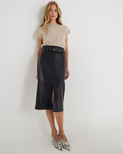 Faux Leather Belted Midi Skirt