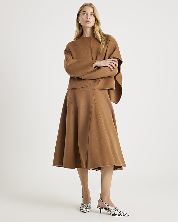 Brown Premium Godet Wool Blend Midi Skirt