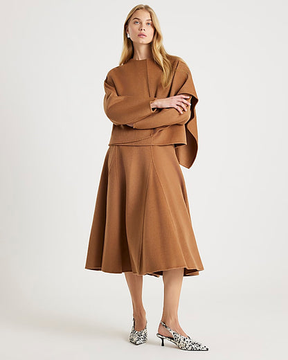 Brown Premium Godet Wool Blend Midi Skirt