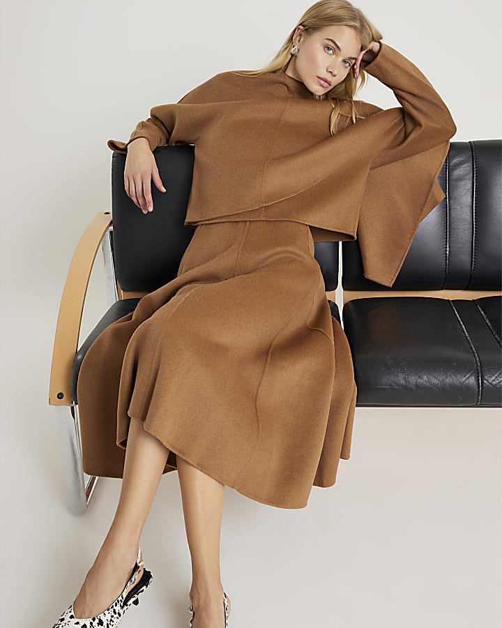 Brown Premium Godet Wool Blend Midi Skirt
