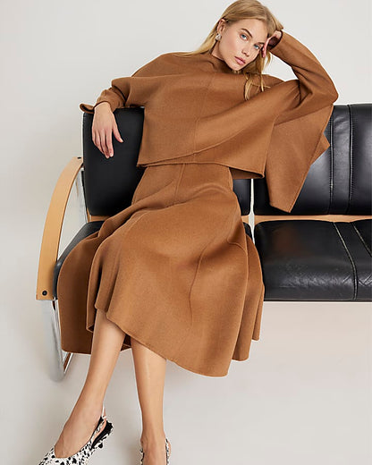 Brown Premium Godet Wool Blend Midi Skirt
