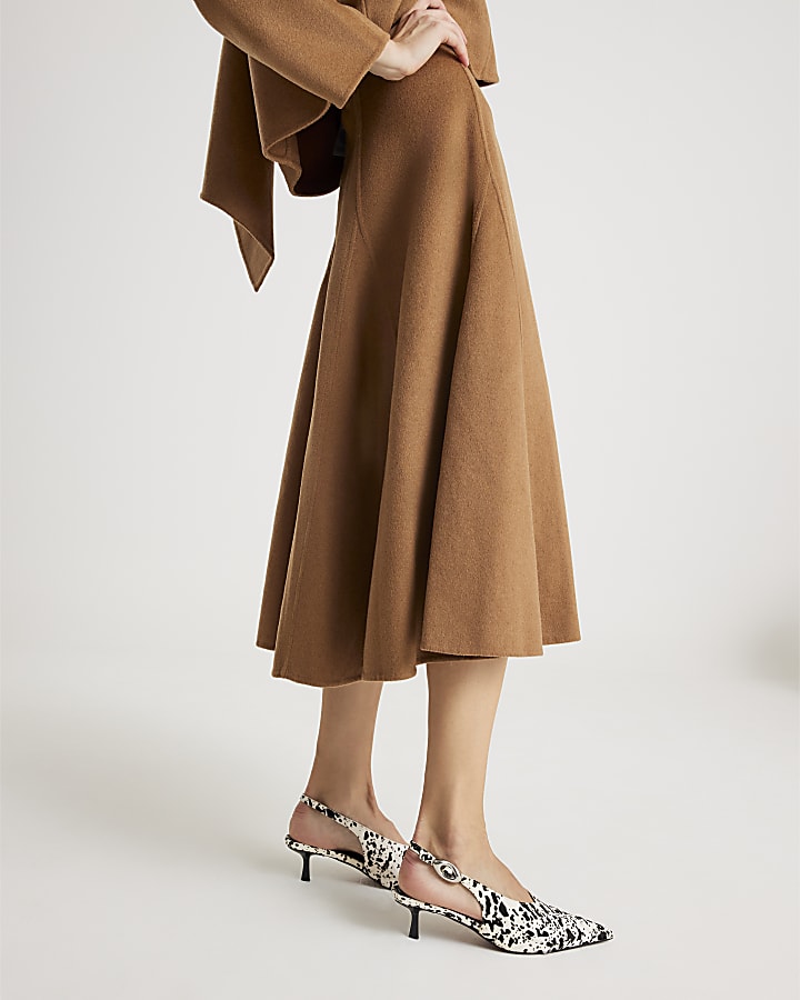 Brown Premium Godet Wool Blend Midi Skirt