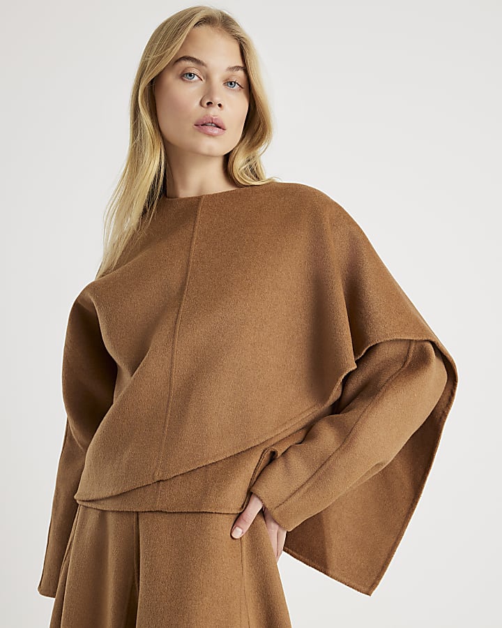 Brown Wool Blend Scarf Top