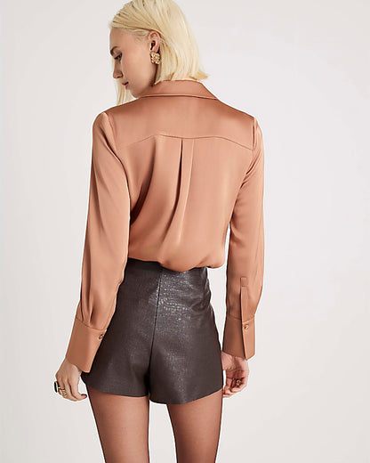 Brown Satin Long Sleeve Slim Fit Shirt
