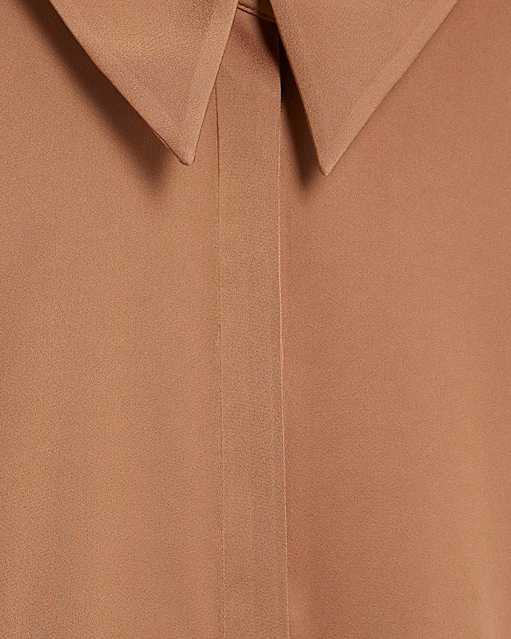 Brown Satin Long Sleeve Slim Fit Shirt