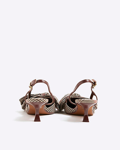 Brown Check Slingback Bow Court Heels
