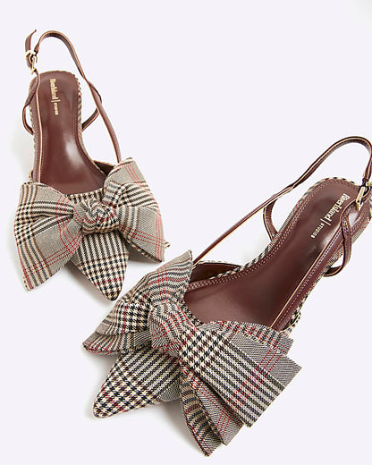 Brown Check Slingback Bow Court Heels