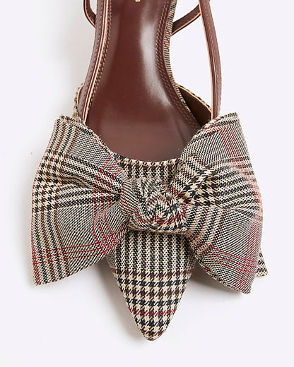 Brown Check Slingback Bow Court Heels