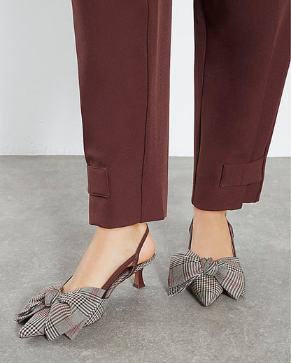 Brown Check Slingback Bow Court Heels