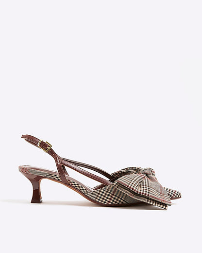 Brown Check Slingback Bow Court Heels