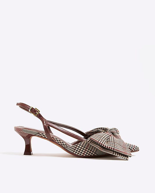 Brown Check Slingback Bow Court Heels