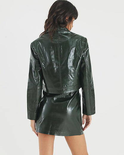 Green Faux leather Croc Harrington Jacket