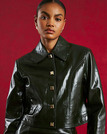 Green Faux leather Croc Harrington Jacket
