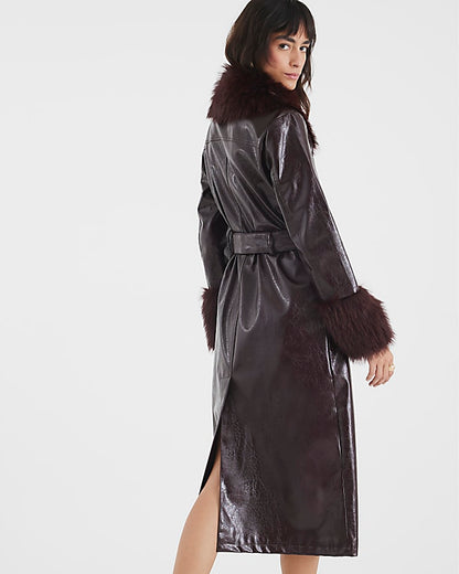 Red Faux Fur Trim Belted Trench Coat
