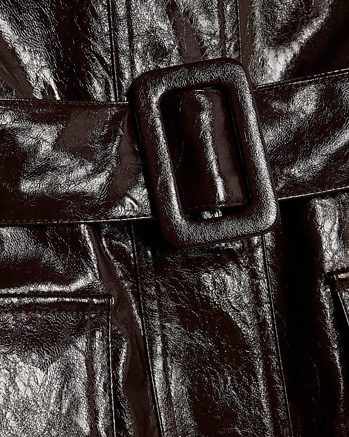 Red Faux Fur Trim Belted Trench Coat