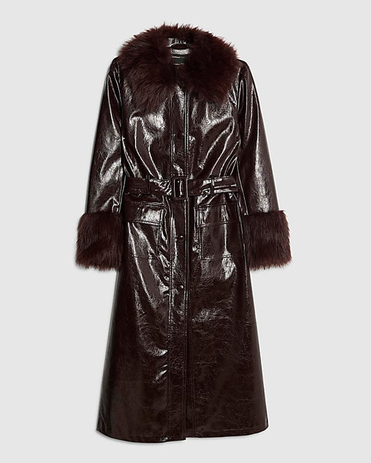Red Faux Fur Trim Belted Trench Coat