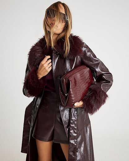 Red Faux Fur Trim Belted Trench Coat