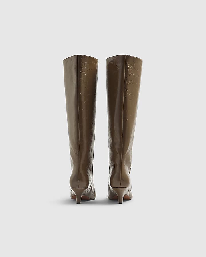 Khaki Curved Heel Knee High Boots