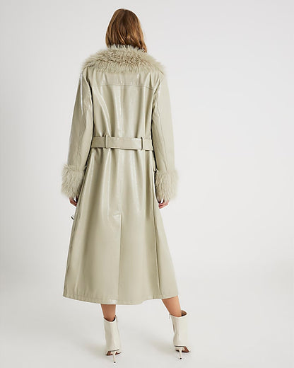 Green Faux Leather Fur Trim Trench Coat