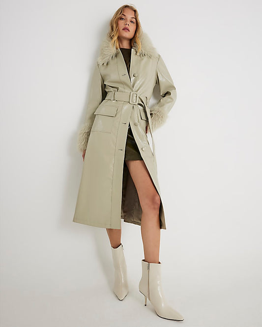 Green Faux Leather Fur Trim Trench Coat
