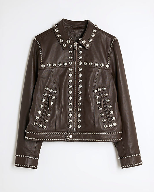 Brown Leather Studded Jacket