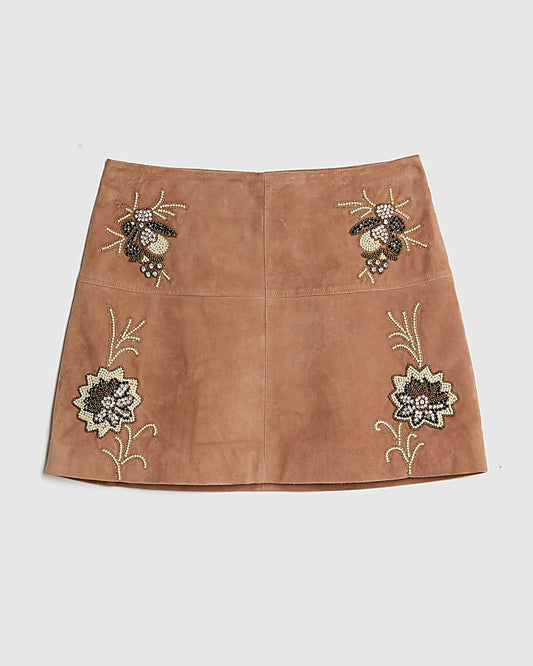 Pink Suede Embellished Mini Skirt