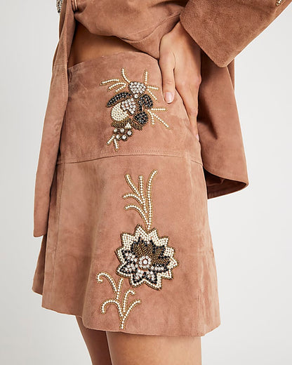 Pink Suede Embellished Mini Skirt