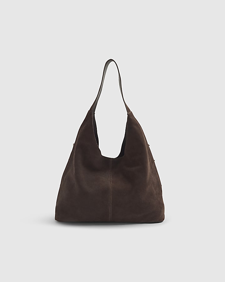 Brown Suede Studded Slouch Shoulder Bag