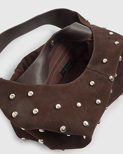 Brown Suede Studded Slouch Shoulder Bag