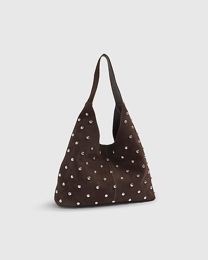 Brown Suede Studded Slouch Shoulder Bag