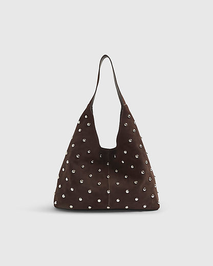 Brown Suede Studded Slouch Shoulder Bag